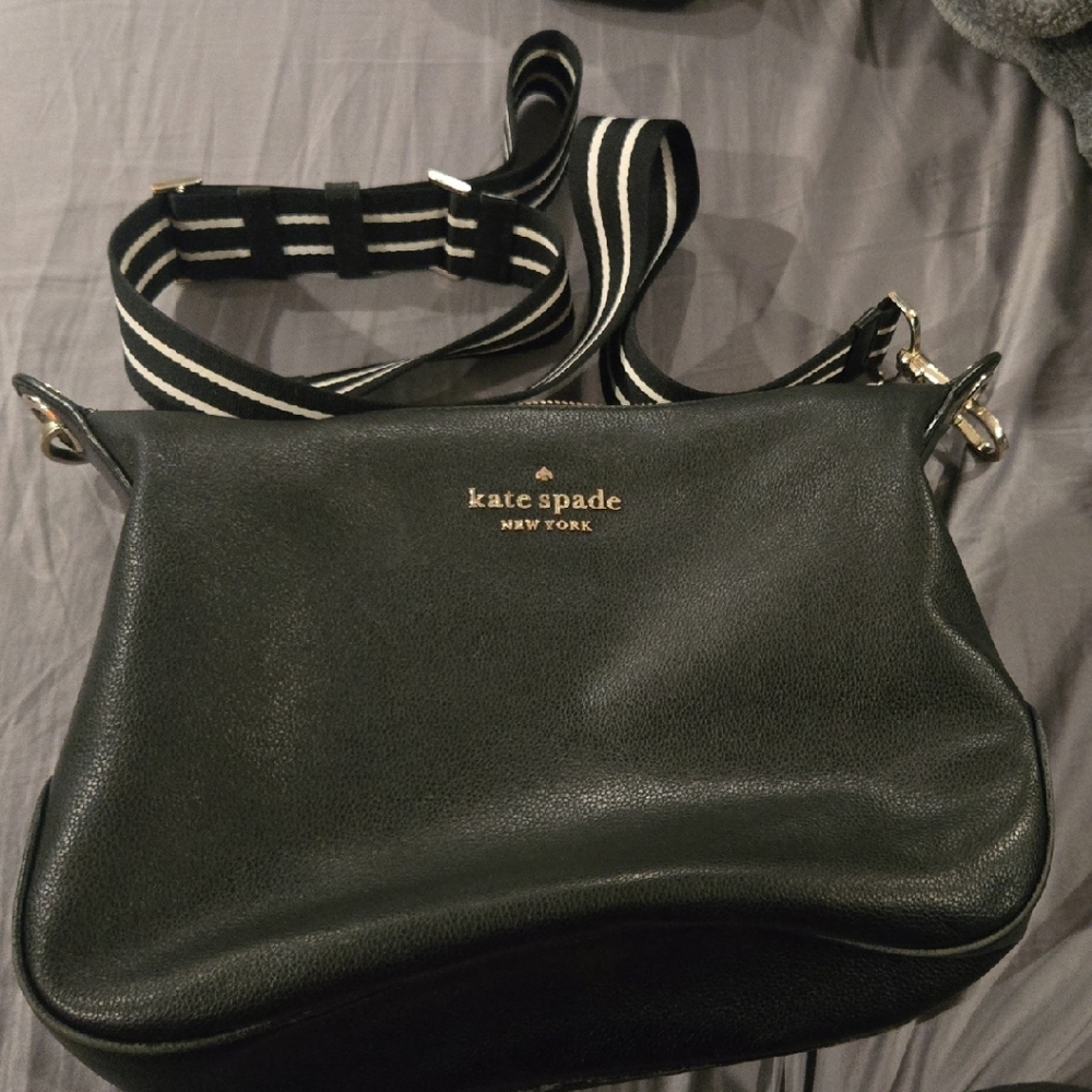 Kate Spade Black Pebbled Leather Bag with Striped Strap
